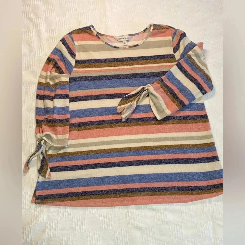 Soft & Feminine 3/4 Tie Sleeve Striped Multicolor Sweater